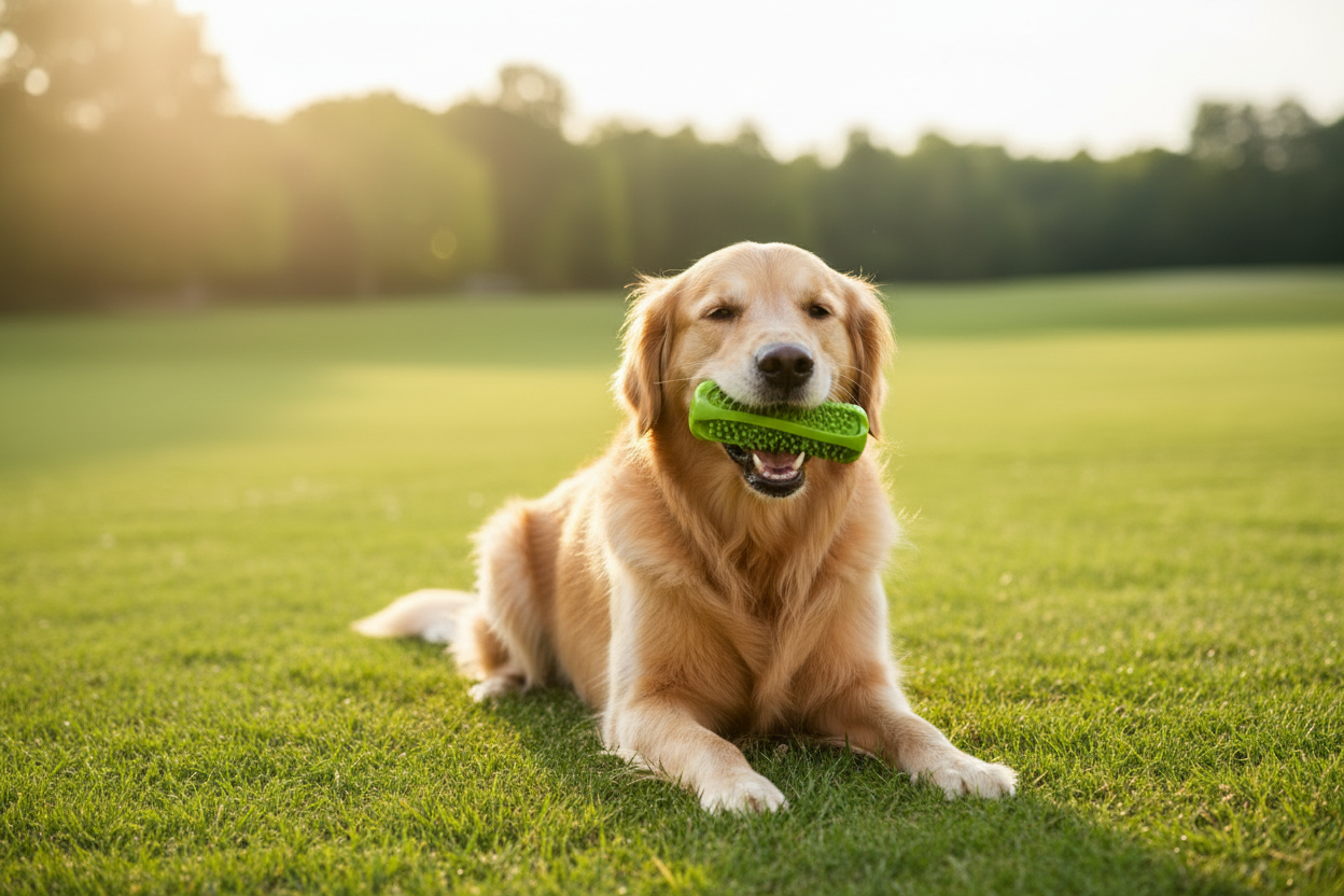 Happy golden retriever chewing PawSmile dental toy in sunny park