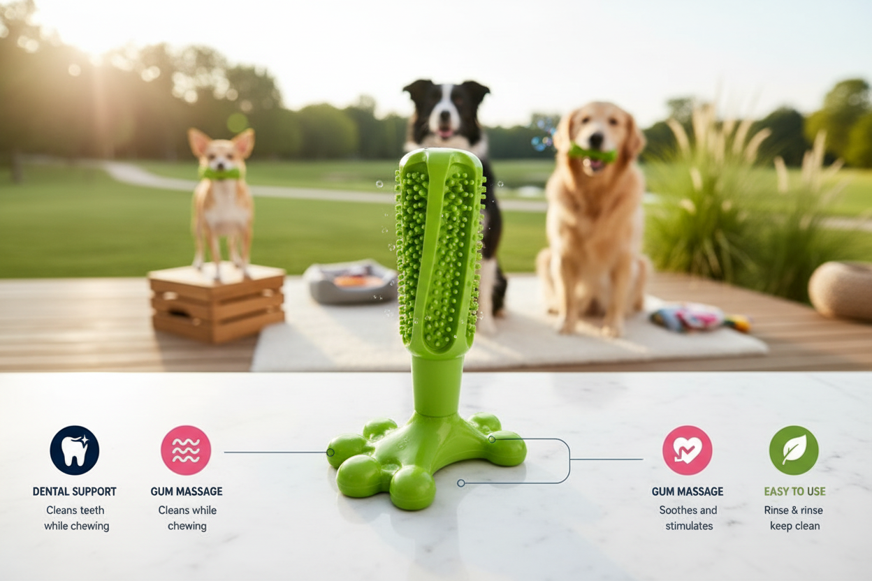 Juguete dental PawSmile para perros en color verde, con superficie texturizada para limpiar los dientes