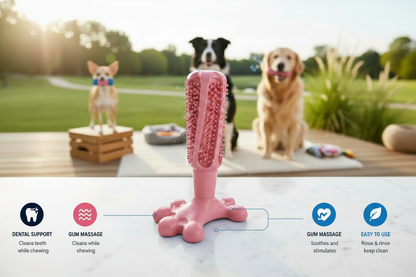 Juguete dental PawSmile para perros en color rosa, disponible en tallas M y L